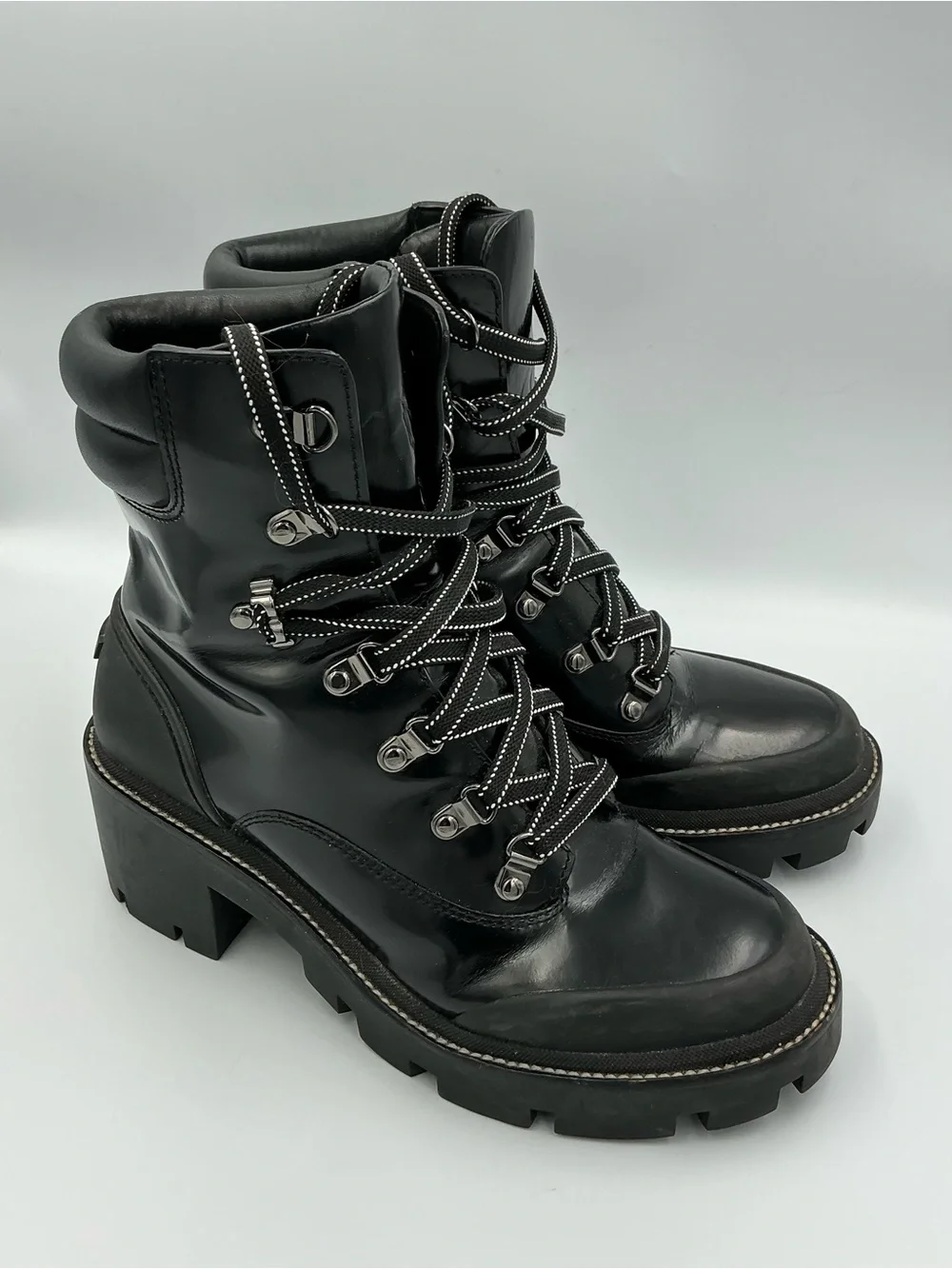 Tory Burch Black Leather Lug-Heel Hiker Combat Boots